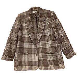 Vtg Alfred Dunner Wool Blazer Jacket 14 Gray Teal Plaid Pocket Career Academia